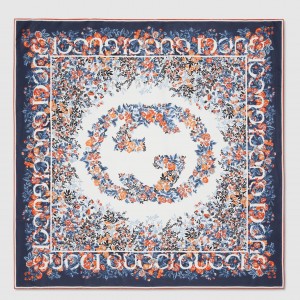 Gucci Interlocking G Floral Shawl in Blue Cashmere