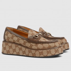 Gucci Women's Horsebit Wedge Loafers in Beige GG Canvas