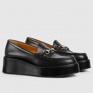 Gucci Women's Horsebit Wedge Loafers in Black Calfskin