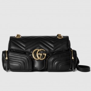 Gucci GG Marmont Small Bag with Multi-pocket in Black Chevron Leather