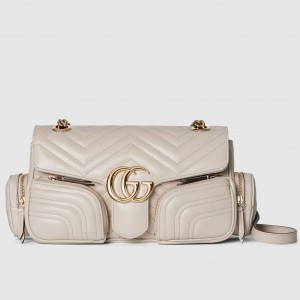 Gucci GG Marmont Small Bag with Multi-pocket in White Chevron Leather