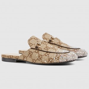 Gucci Women's Princetown Slippers with Crystals in Beige GG Canvas