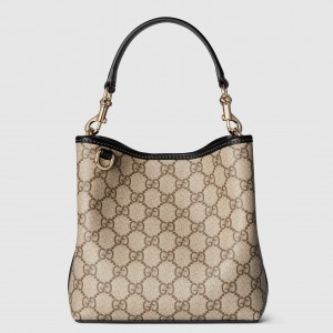 Gucci GG Emblem Mini Bucket Bag in Beige GG Canvas with Black Leather