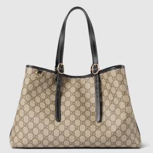 Gucci GG Emblem Medium Tote Bag in Beige GG Canvas with Black Leather
