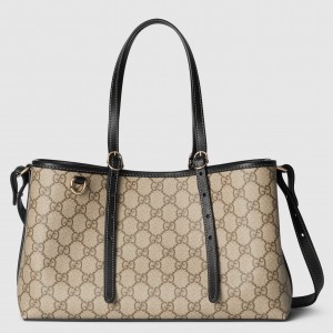 Gucci GG Emblem Small Tote Bag in Beige GG Canvas with Black Leather
