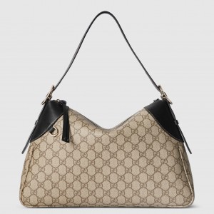 Gucci GG Emblem Medium Shoulder Bag in Beige GG Canvas with Black Leather