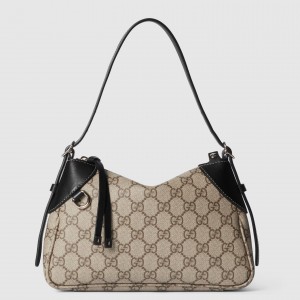 Gucci GG Emblem Small Shoulder Bag in Beige GG Canvas with Black Leather 