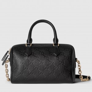 Gucci GG Emblem Small Top Handle Bag in Black GG Grainy Leather