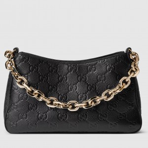 Gucci GG Emblem Small Shoulder Bag in Black GG Grained Leather