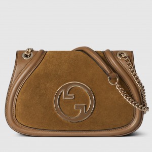 Gucci Blondie Small Shoulder Bag with Enamel G in Brown Suede Leather