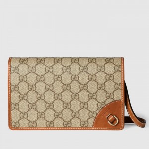 Gucci GG Emblem Super Mini Shoulder Bag in Beige GG Canvas with Brown Leather