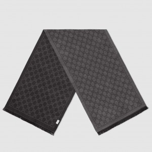 Gucci Double GG Jacquard Wool Scarf in Grey and Black