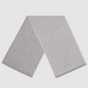 Gucci Double GG Jacquard Wool Scarf in Silver and Grey