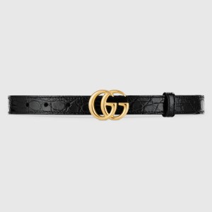 Gucci GG Marmont Thin Belt 20MM in Black Embossed Crocodile Leather