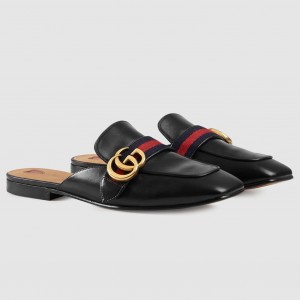 Gucci Women's Slippers in Black Leaher with Signature Web