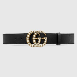 Gucci Pearl Double G Belt 38MM in Black Leather