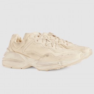 Gucci Men's Rhyton Sneakers in Ivory Distressed Leather