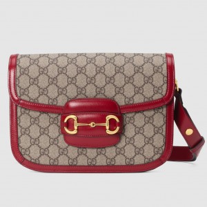 Gucci Horsebit 1955 Shoulder Bag in GG Canvas with Red Leather