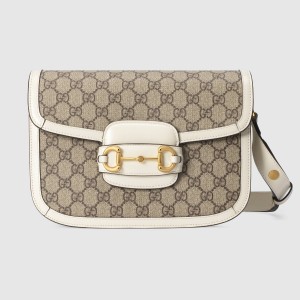 Gucci Horsebit 1955 Shoulder Bag in GG Canvas with White Leather