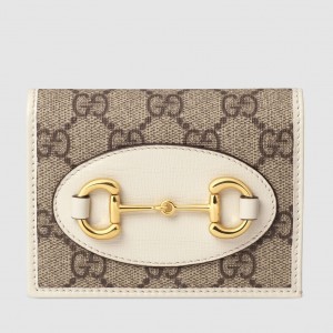 Gucci Horsebit 1955 Card Case Wallet in GG Supreme with White Leaher