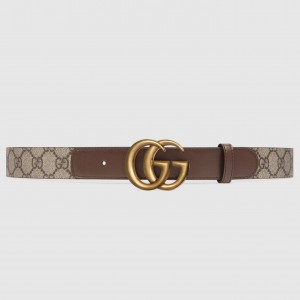Gucci GG Supreme & Brown Leahter Belt 30MM with Double G Buckle