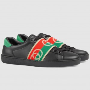 Gucci Men's Ace Sneakers in Black Leather with Elastic Web