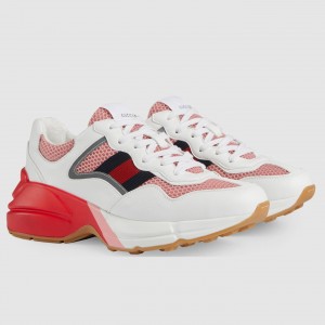 Gucci Women's Rhyton Sneakers in Pink Mesh with Leather