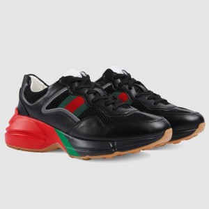 Gucci Women's Rhyton Sneakers in Black Leather with Mesh