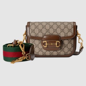 Gucci Horsebit 1955 Mini Bag in GG Canvas with Brown Calfskin