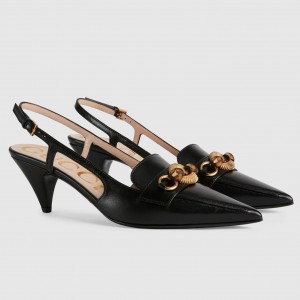 Gucci Slingback Pumps in Black Leather with Bamboo Horsebit