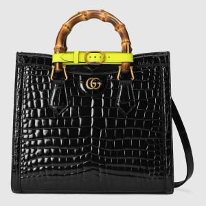 Gucci Diana Small Tote Bag in Black Croc-embossed Leather