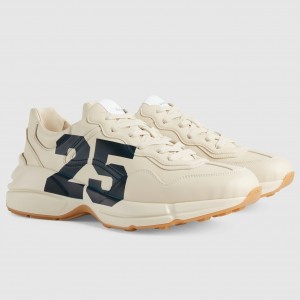 Gucci Men's Rhyton Sneakers in White Leather with 25 Print