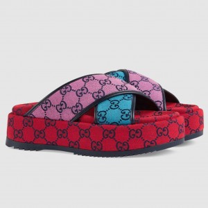 Gucci Platform Slide Sandals in Multicolor GG Canvas