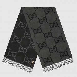 Gucci GG Cashmere Jacquard Scarf in Grey and Black