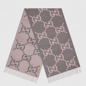 Gucci GG Cashmere Jacquard Scarf in Grey and Pink