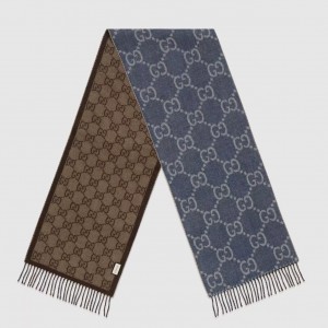 Gucci GG Jacquard Wool Scarf in Blue and Brown