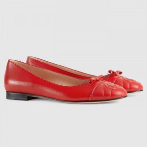 Gucci Ballet Flats in Red Leather with Stitched Interlocking G