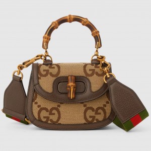 Gucci Bamboo 1947 Mini Top Handle Bag in Camel Jumbo GG Canvas