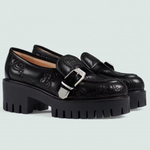 Gucci Women's Lug Sole Loafers in Black Matelasse Leather Leather