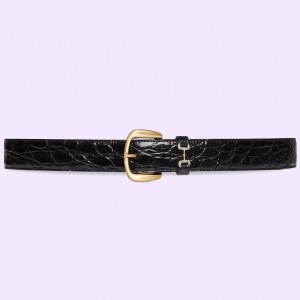Gucci Crystal Horsebit Belt 30MM in Black Crocodile Embossed Leather