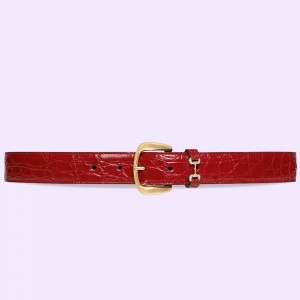 Gucci Crystal Horsebit Belt 30MM in Red Crocodile Embossed Leather