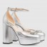 Gucci Platform Pumps in Silver Metallic Lether with Crystals G