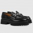 Gucci Women's Lug Sole Loafers in Black Leather with Crystals Horsebit 