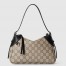 Gucci GG Emblem Small Shoulder Bag in Beige GG Canvas with Black Leather 